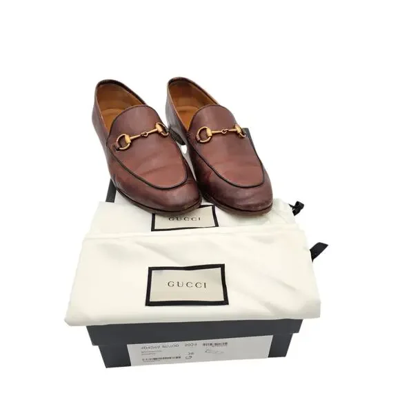 Gucci Jordaan Horsebit Flat Loafer Brown Leather Gold Slip On Size 38 US 8 - Picture 2 of 13